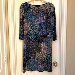 Style & co sequined shift dress in navy and turquoise peacock pattern